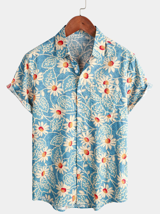 Camisa hawaiana retro de algodón con estampado floral para hombre