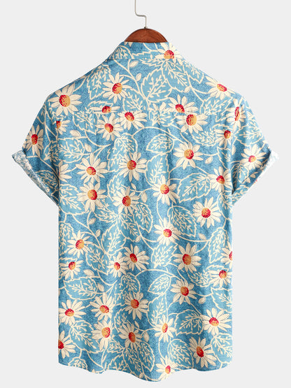 Camisa hawaiana retro de algodón con estampado floral para hombre