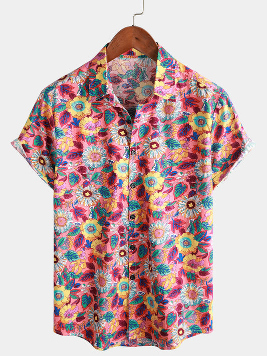 Camisa hawaiana de manga corta con botones, transpirable, 100 % algodón, con estampado floral de rosas para hombre