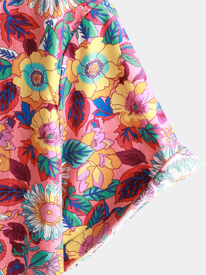 Camisa hawaiana de manga corta con botones, transpirable, 100 % algodón, con estampado floral de rosas para hombre