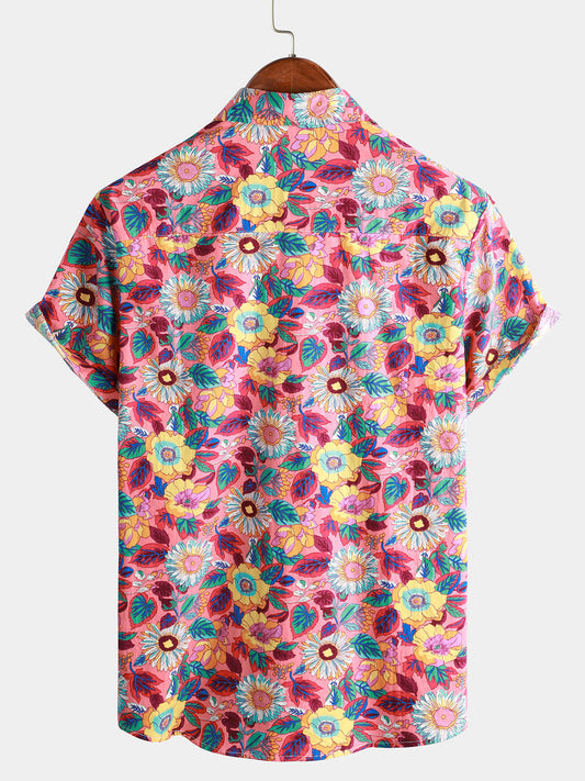 Camisa hawaiana de manga corta con botones, transpirable, 100 % algodón, con estampado floral de rosas para hombre
