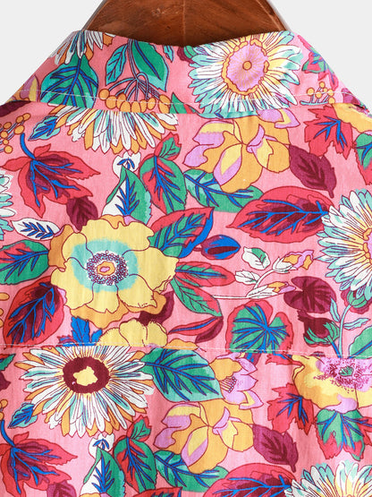 Camisa hawaiana de manga corta con botones, transpirable, 100 % algodón, con estampado floral de rosas para hombre