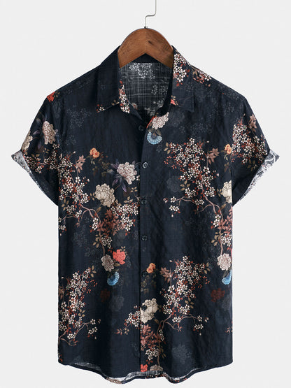 Camisa de manga corta con botones y estampado floral retro para hombre, perfecta para vacaciones.