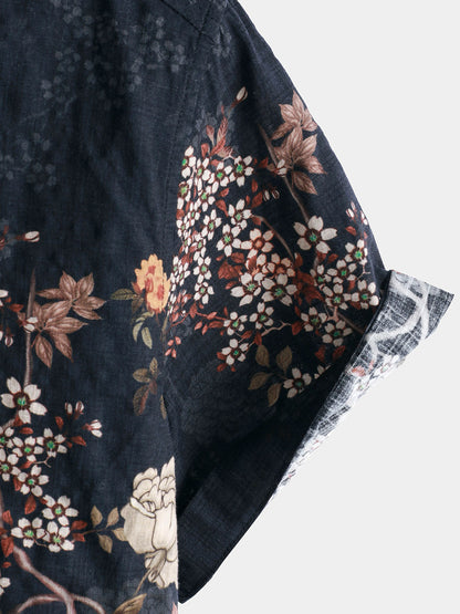 Camisa de manga corta con botones y estampado floral retro para hombre, perfecta para vacaciones.