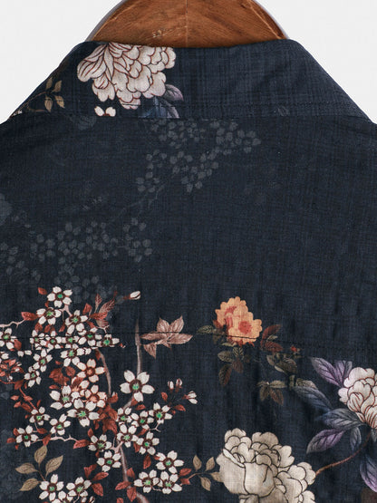 Camisa de manga corta con botones y estampado floral retro para hombre, perfecta para vacaciones.