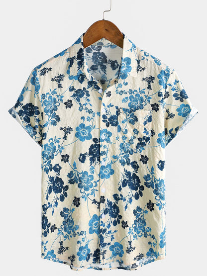 Camisa hawaiana de manga corta para hombre con bolsillo y estampado floral
