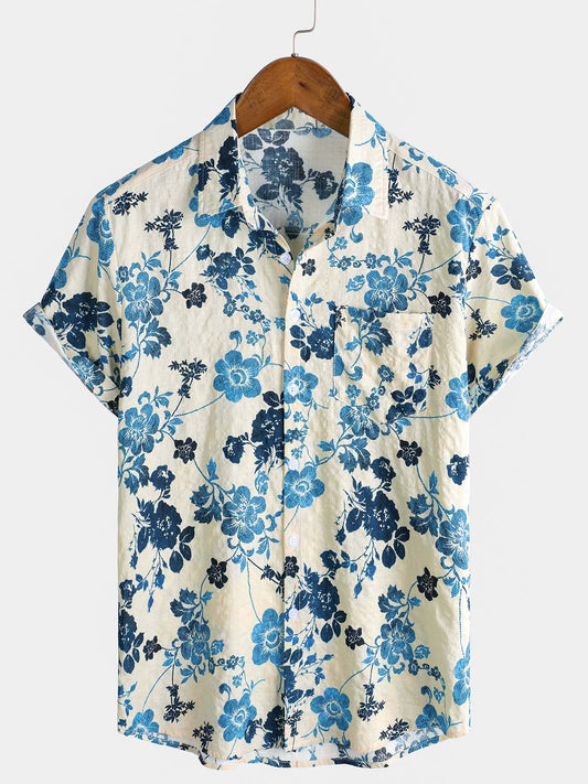 Camisa hawaiana de manga corta para hombre con bolsillo y estampado floral
