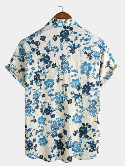 Camisa hawaiana de manga corta para hombre con bolsillo y estampado floral