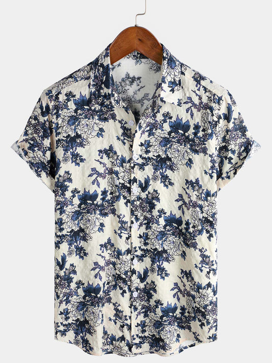 Camisa de manga corta con estampado floral retro para hombre