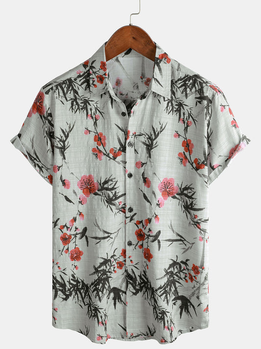 Camisa vintage de verano de manga corta con estampado floral rojo