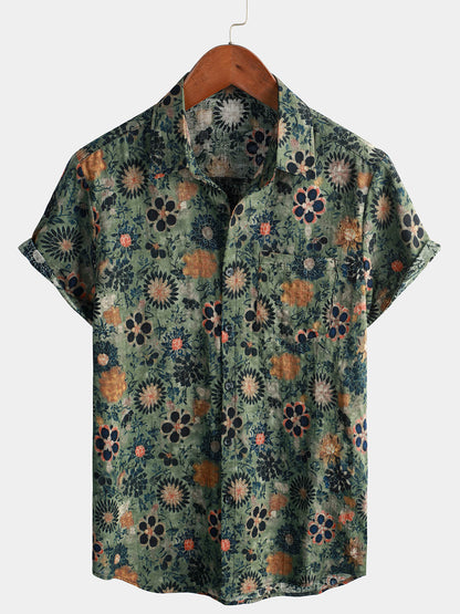 Camisa hawaiana de manga corta de algodón verde para hombre con estampado floral vintage