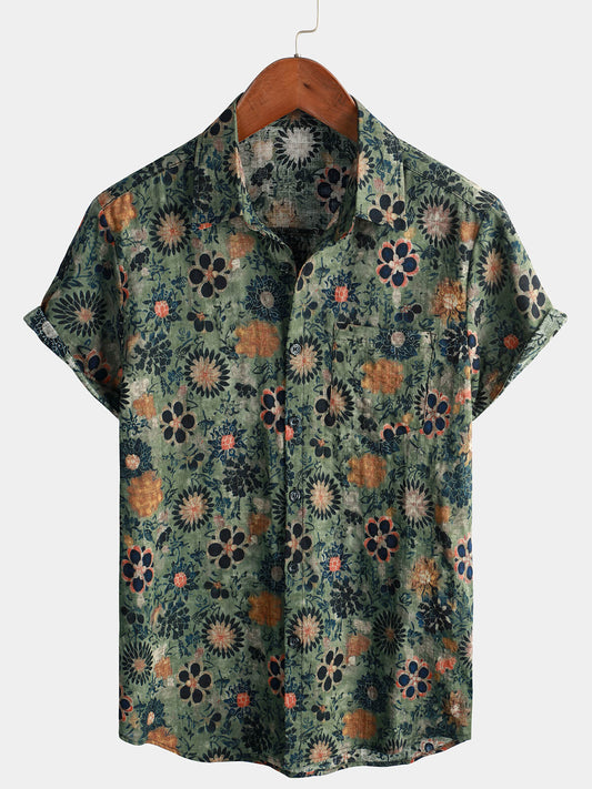 Camisa hawaiana de manga corta de algodón verde para hombre con estampado floral vintage