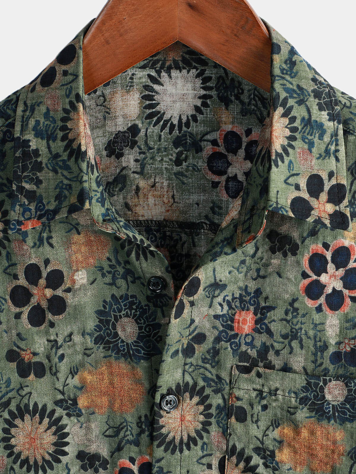 Camisa hawaiana de manga corta de algodón verde para hombre con estampado floral vintage