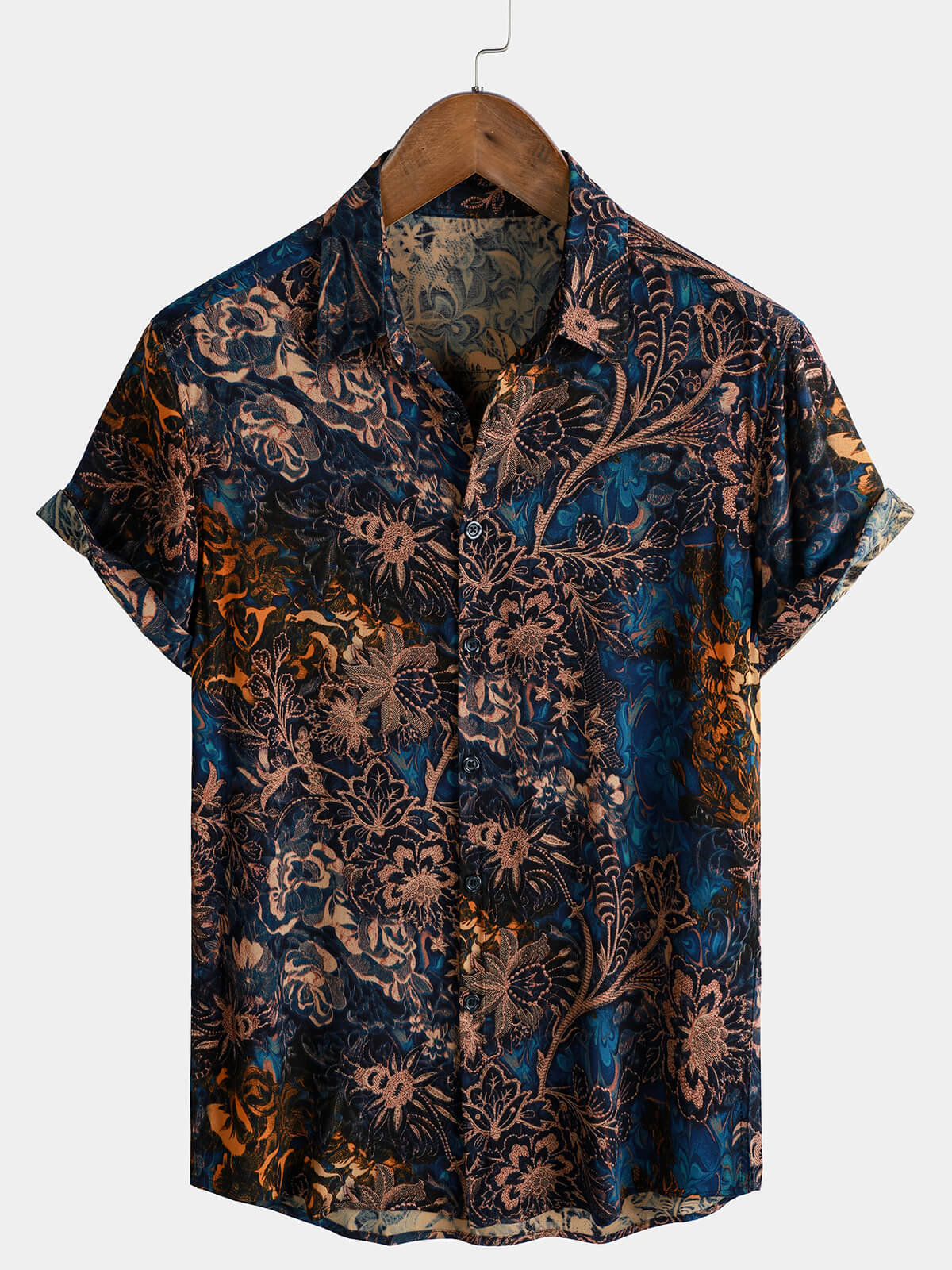 Camisa de manga corta estilo resort con estampado floral retro para hombre, 100 % rayón