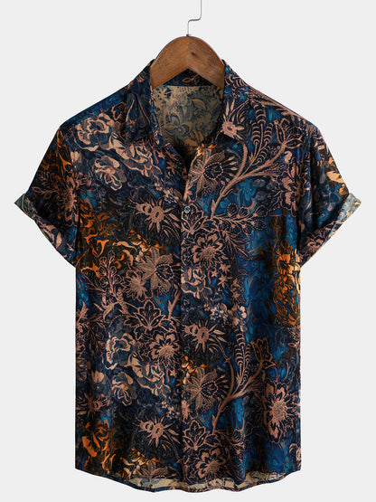 Camisa de manga corta estilo resort con estampado floral retro para hombre, 100 % rayón
