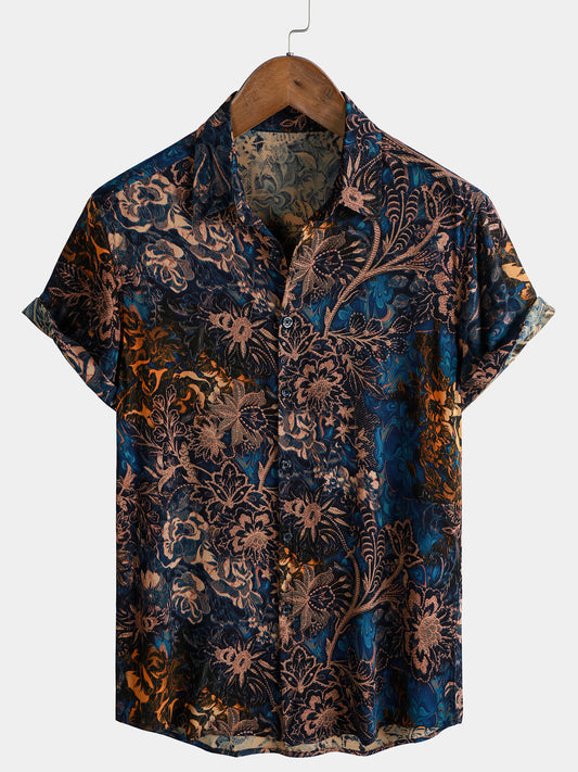 Camisa de manga corta estilo resort con estampado floral retro para hombre, 100 % rayón