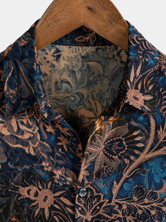 Camisa de manga corta estilo resort con estampado floral retro para hombre, 100 % rayón
