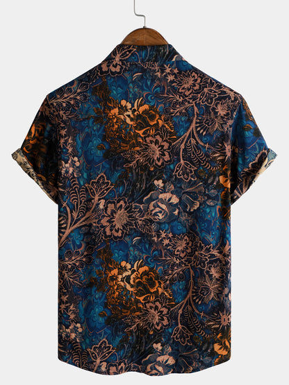 Camisa de manga corta estilo resort con estampado floral retro para hombre, 100 % rayón