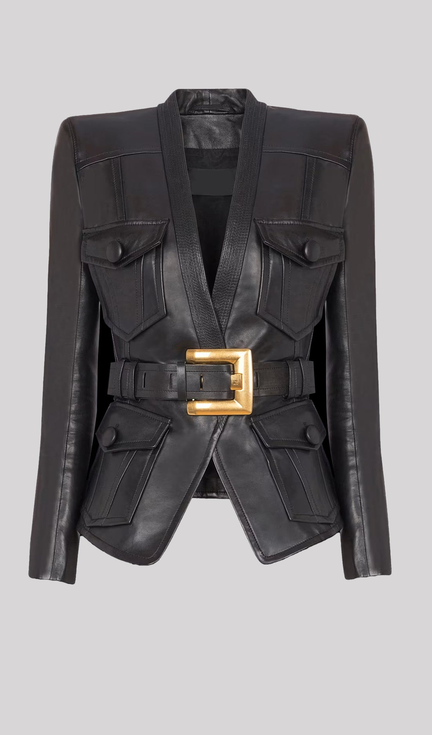 CHAQUETA DE CUERO CON CINTURÓN Y BOTONES