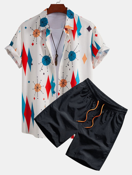 Camisa de Botón con Estampado Geométrico Atómico y Pantalones Cortos de Baño
