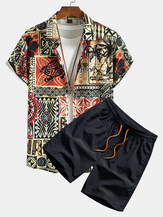 Camisa de botón con estampado de geometría étnica de tortuga de palmera y pantalones cortos de baño