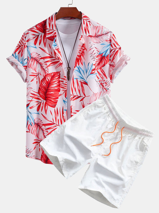 Camisa de botones con estampado tropical y pantalones cortos de baño
