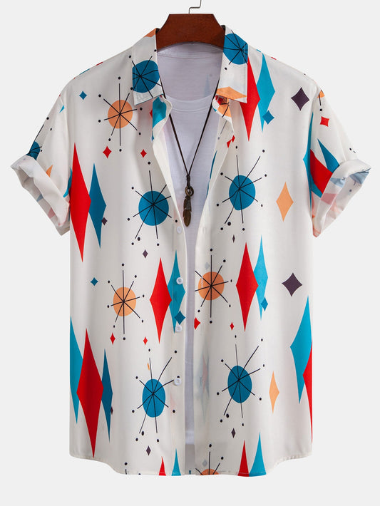 Camisa de Botón con Estampado Geométrico Atómico y Pantalones Cortos de Baño