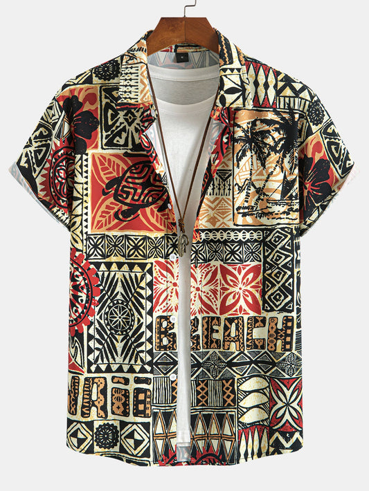 Camisa de botón con estampado de geometría étnica de tortuga de palmera y pantalones cortos de baño
