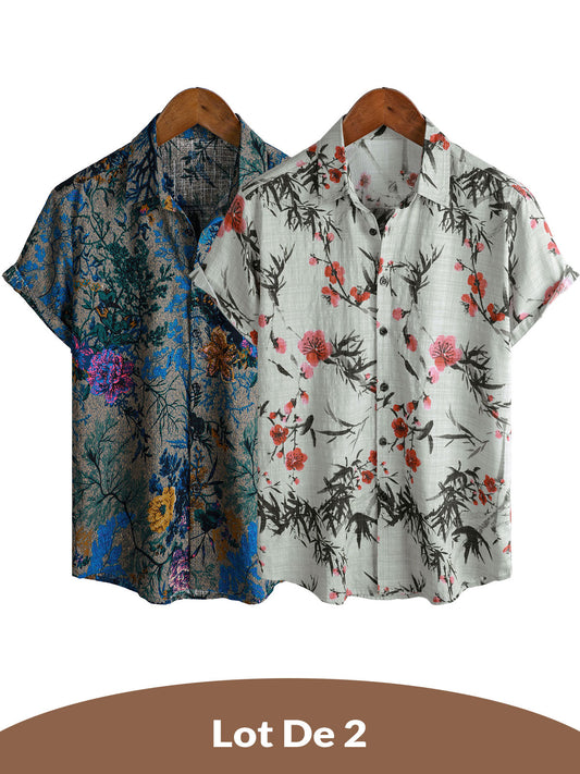 Lote de 2 | Camisa vintage de verano de manga corta con estampado floral rojo