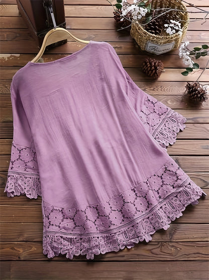 Elegant Lace – Blusa con encaje Patchwork y cuello en V