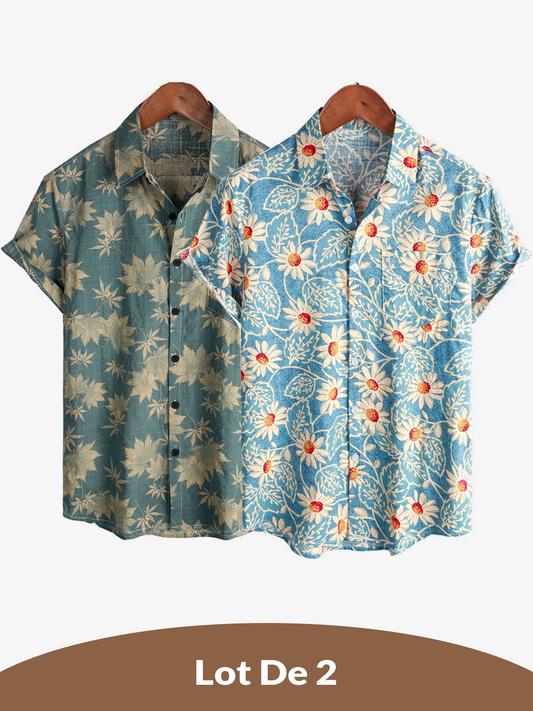 Lote de 2 |  Camisa hawaiana retro de algodón con estampado floral para hombre