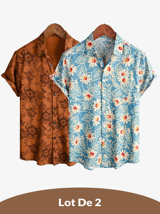 Lote de 2 | Camisa hawaiana retro de algodón con estampado floral para hombre