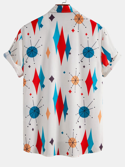 Camisa de Botón con Estampado Geométrico Atómico y Pantalones Cortos de Baño