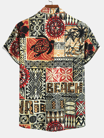 Camisa de botón con estampado de geometría étnica de tortuga de palmera y pantalones cortos de baño