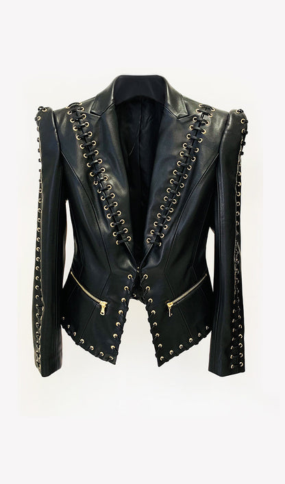 CONJUNTO CHAQUETA Y MINIFALDA DE CUERO
