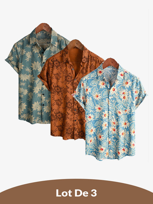 Lote de 3 | Camisa hawaiana retro de algodón con estampado floral para hombre