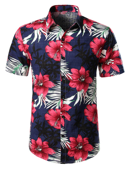 Camisa de algodón puro para hombre con estampado festivo hawaiano.