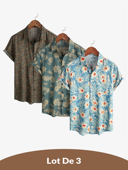 Lote de 3 |  Camisa hawaiana retro de algodón con estampado floral para hombre