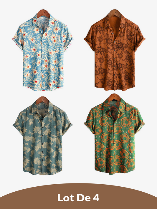Lote de 4 | Camisa hawaiana retro de algodón con estampado floral para hombre