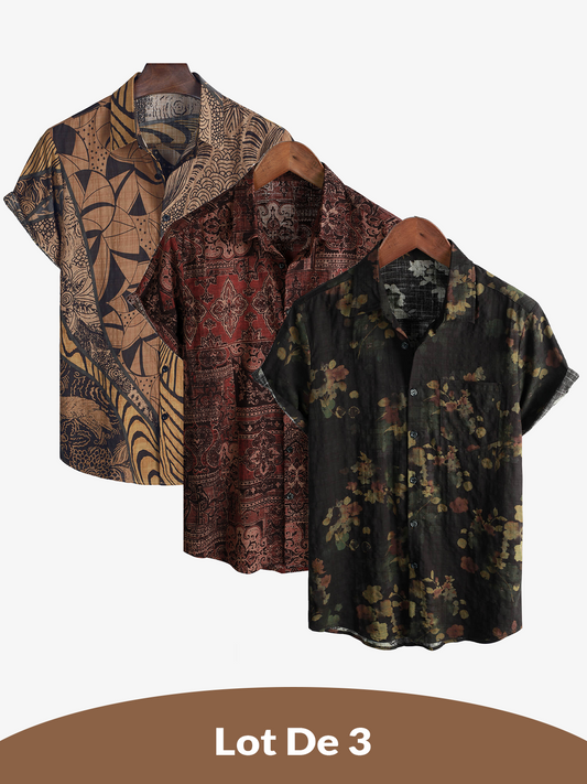 Lote de 3 |  Camisa de playa informal de algodón de manga corta para hombre