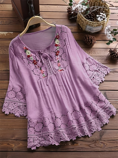 Elegant Lace – Blusa con encaje Patchwork y cuello en V