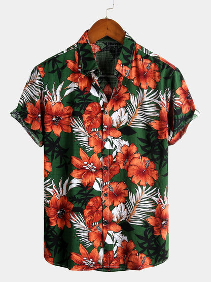 Camisa de algodón puro para hombre con estampado festivo hawaiano-