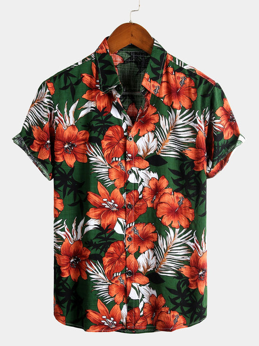 Camisa de algodón puro para hombre con estampado festivo hawaiano-