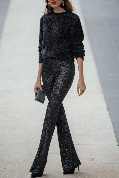 PANTALONES ACAMPANADOS DIVA | LENTEJUELAS, TIRO ALTO Y CINTURA ELÁSTICA