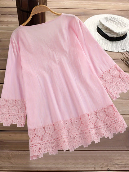 Elegant Lace – Blusa con encaje Patchwork y cuello en V