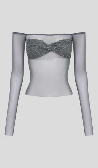 TOP DE MALLA CON HOMBROS DESCUBIERTOS Y DETALLE DE BRILLOS n.04631