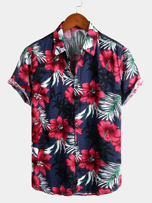 Camisa de algodón puro para hombre con estampado festivo hawaiano.