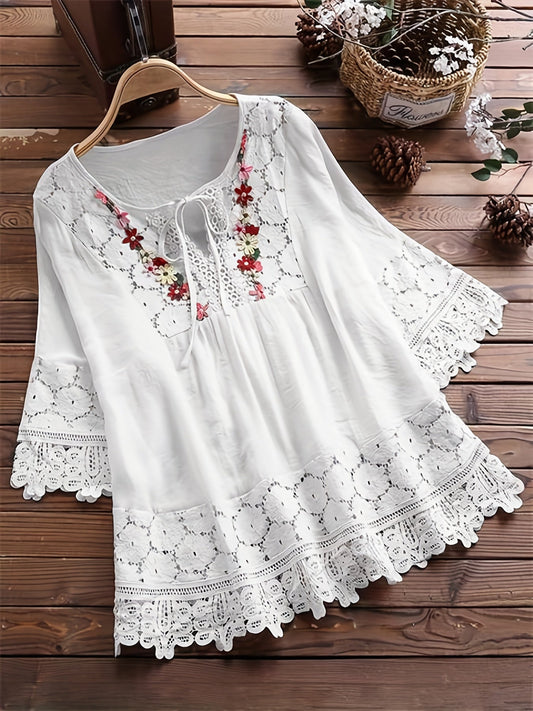 Elegant Lace – Blusa con encaje Patchwork y cuello en V