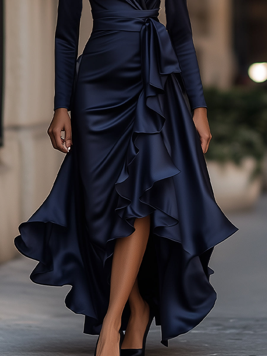 Palma – Vestido Maxi de Satén con Volantes