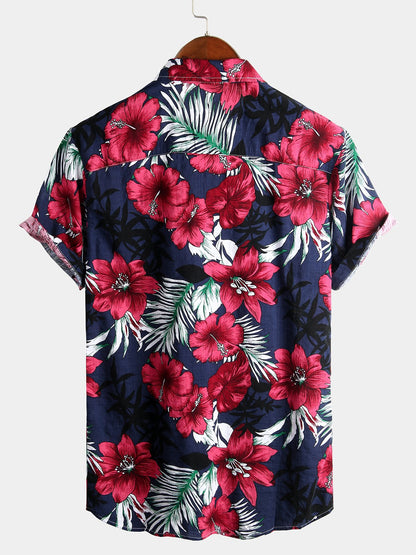 Camisa de algodón puro para hombre con estampado festivo hawaiano.